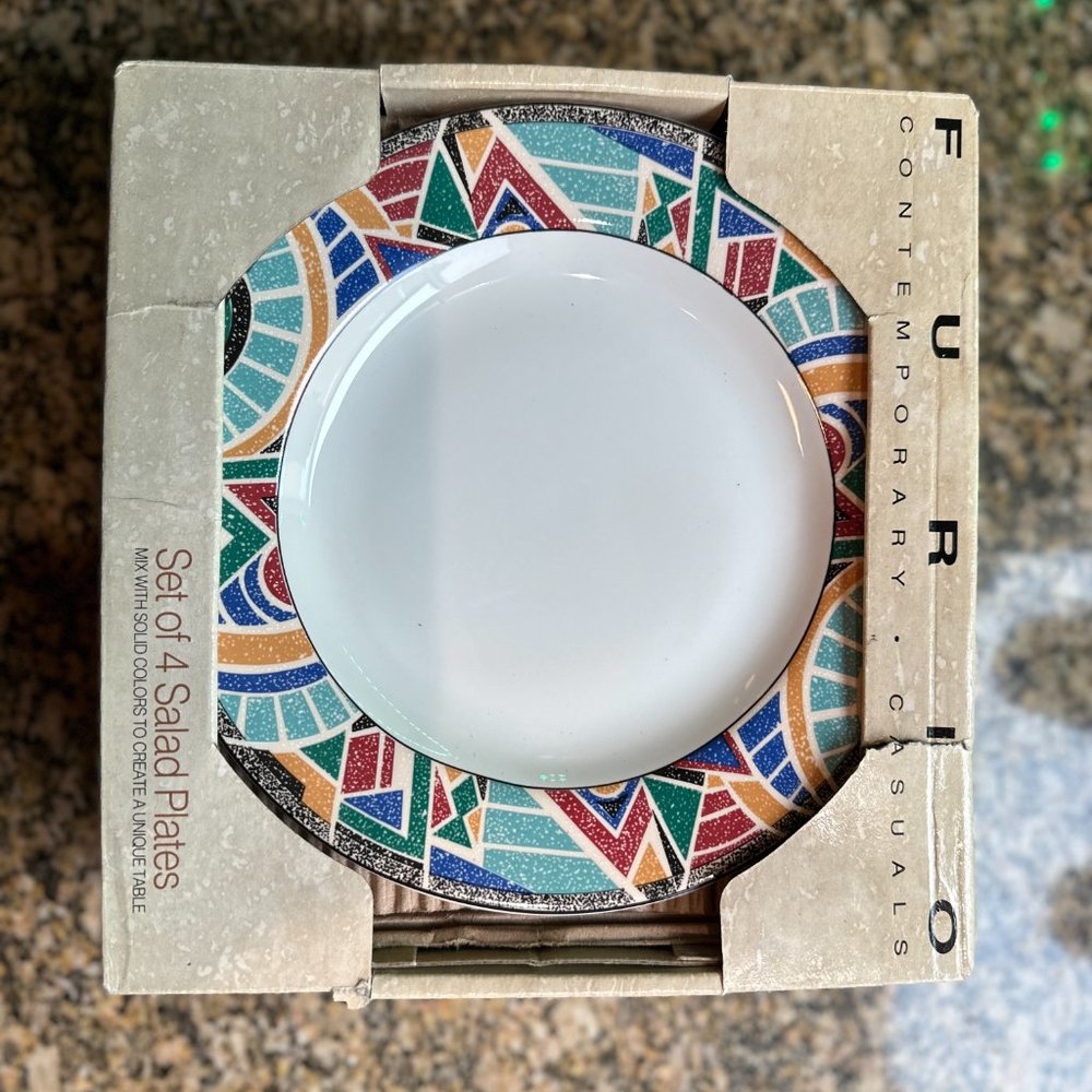 Furio 4 Salad Dessert Appetizer Plates White Geometric Abstract Multicolor 8" - Picture 2 of 6